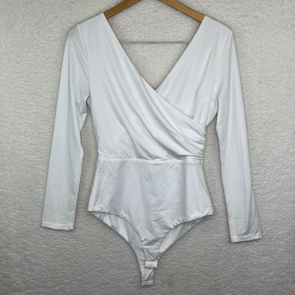 Polly White Long Sleeve Surplice Wrap Bodysuit Ruched V-Neck Thong Snap Bottom